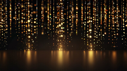 Shimmering retro lights backdrop. Metallic gold and deep black. Soft focus