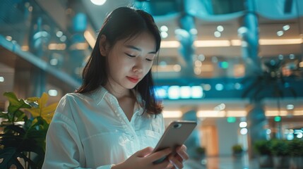 Wall Mural - Young Woman Using Smartphone in Modern Office Building
