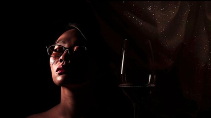 Sticker -   A woman sips wine under a lit curtain while wearing glasses