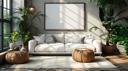 Wall Mural - 3D render Frame mockup ISO A paper size  Living room wall poster mockup. Interior mockup with house background. Modern interior design. 