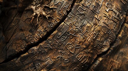 Mythological bark with carved symbols and ancient glyphs, invoking a sense of history and mystery, Mythology, Digital Art, Carved Detail