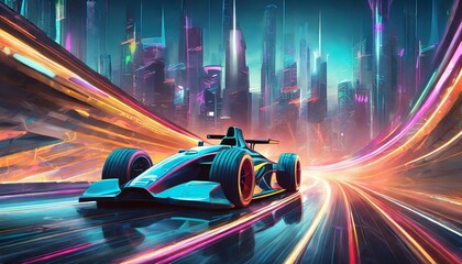 Wall Mural - A high-speed car race on a neon-lit track with futuristic vehicles and vibrant cityscapes.
