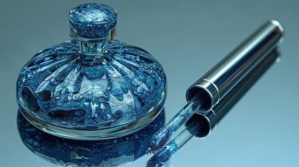 Canvas Print -   Close-up of a blue glass bottle with metal cap and pen on a reflective surface