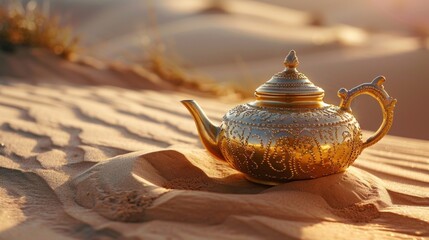 Oriental gold teapot lying on the sand in the desert dunes