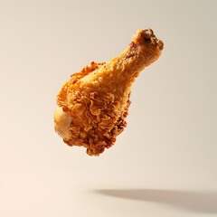 Wall Mural - Floating crispy fried chicken drumstick on a light background