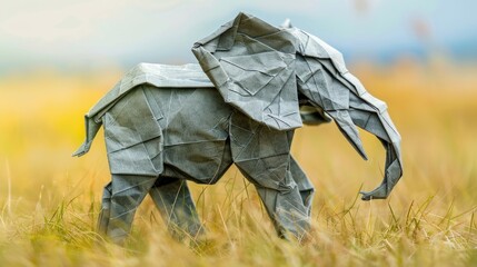 origami elephant in the savannah, poaching and over hunting concept, extinction and disappearance