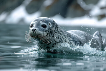 Wall Mural - A sleek seal gliding effortlessly through the icy waters of the Antarctic, its streamlined body adapted for life in the frigid ocean. Concept of marine mammals and polar habitats. Generative Ai.