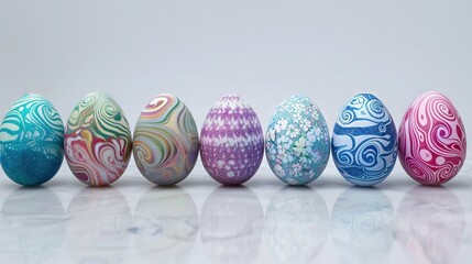 Wall Mural -   A row of painted eggs rests atop a white surface, their reflections mirrored beneath