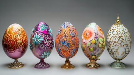 Wall Mural -   A collection of diverse hued eggs arranged on a metallic pedestal against a grayscale backdrop