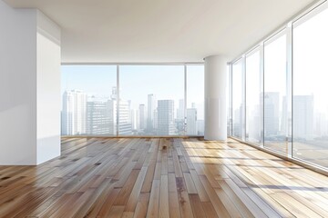 Canvas Print - Flooring Home Interior. Clean and Modern Apartment with Hardwood Floors in City Background