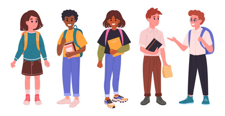 Wall Mural - Junior high school students. Middle school students with backpacks and books, happy friends going to school flat vector illustration set. Male and female school pupils