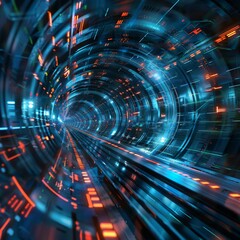 Wall Mural - sci-fi tunnel with pulsating light speeds. digital network journey, technology background for design