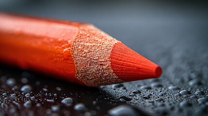 Poster -   A red pencil on black surface with water droplets