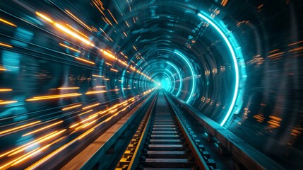 Wall Mural - futuristic sci-fi tunnel digital network journey, pulsating lights, realistic photo