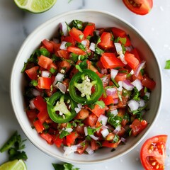 Wall Mural - Pico de gallo with diced tomatoes, onions, jalapeños, cilantro, lime juice, and salt, white background, side and top view, food