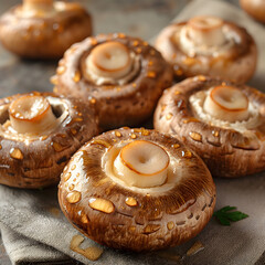 Wall Mural - Sliced Marinated Mushrooms with Fresh Herbs on a Rustic Table