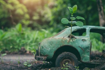 Sticker - Plant sprouting from car. Nature resilience and recovery from CO2 pollution, as green plants take over vehicles and pollutant
