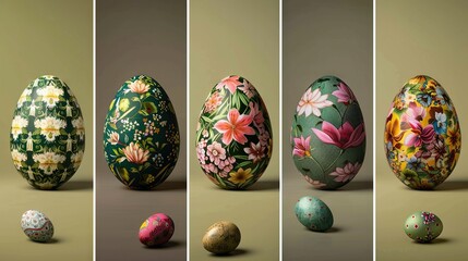 Wall Mural -   A colorful array of Easter eggs adorned with flower paintings align in a single line, as shown in a series of photos