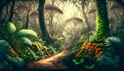 Wall Mural - A detailed view of the tropical rainforest floor, rich with diverse plant life