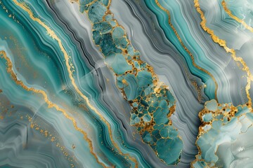 Wall Mural - : A stunning 3D abstract marble  showcasing vibrant turquoise and gray marbling with golden veins.r any space.