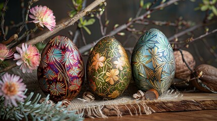 Wall Mural -   A trio of colorful eggs rests atop a wooden table adjacent to a floral branch