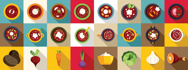 Sticker - Borsch flat vector icons. A collection of food items in various shapes and sizes, including carrots, broccoli, and potatoes. Concept of abundance and variety