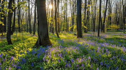 Sticker -   Bluebells and wildflowers bloom in the foreground as sunlight filters through the trees in a forest