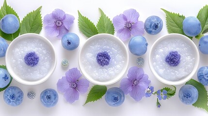 Poster -   Three white bowls filled with blueberries sit on a white surface surrounded by green leaves and purple flowers