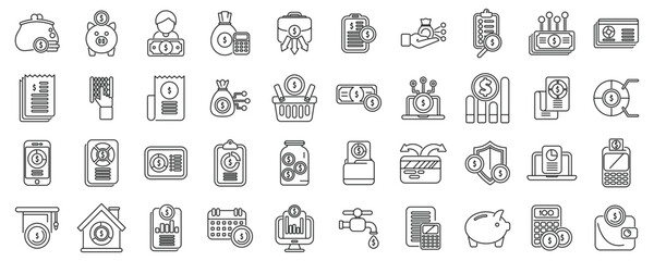 Sticker - Family budget outline icons. A collection of money related icons including a piggy bank, a wallet, a calculator, and a clock