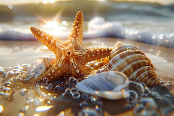 Canvas Print - starfish and seashell on the summer beach in sea water.
