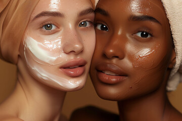 Canvas Print - A photo of two diverse women with cream on their faces, one white and the other black