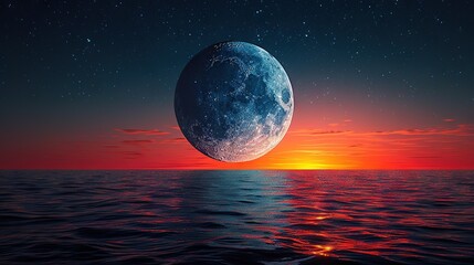 Wall Mural -   A celestial orb drifting amidst a luminous aquatic expanse, surrounded by a vibrant crimson sky and scattered cosmic orbs above