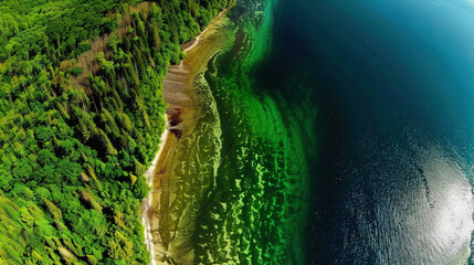   An aerial view of a lush green forest next to a large body of water in the foreground