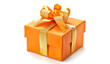 © ELmidoi-AI - An orange gift box with a golden ribbon isolated with copy space to the left. Suitable for various occasions and celebrations.