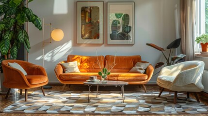 A living room with a couch, two chairs, and a coffee table