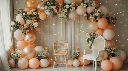 Wall Mural - A room with a white chair and a floral arrangement of balloons