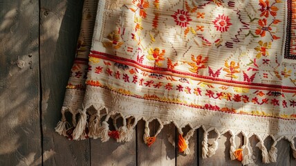 Colorful embroidered fabric with fringe detail on wooden surface