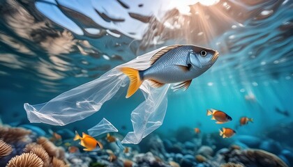 Wall Mural - Plastikfolie und fische schwimmen in Freiheit im Meer.