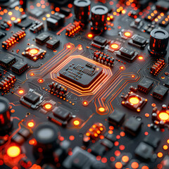 Wall Mural - A close up of a computer chip with a light on it. The chip is surrounded by other electronic components