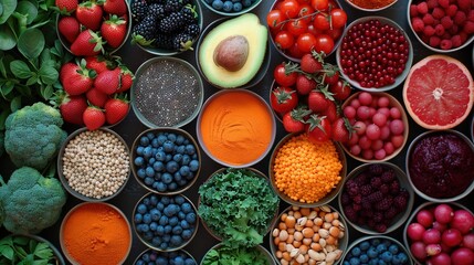 Wall Mural -   A colorful array of fruits and vegetables is displayed in tin containers