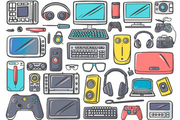 Wall Mural - Different computer gadgets. Doodle colorful vector illustrations isolated on white background set vector icon, white background, black colour icon