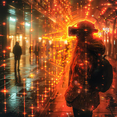 Wall Mural - A man with a backpack wears VR glasses in front of a glowing wall. The scene takes place in a city at night, a man looks at a glowing wall.