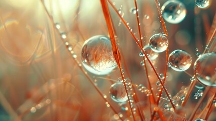 Wall Mural -   A close-up of water droplets on a plant, grass in foreground, blue sky background