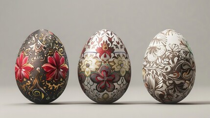 Wall Mural -   A trio of ornate eggs rests atop a white table near a gray backdrop, adorned with a vibrant red floral design