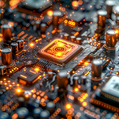 Poster - A computer chip is lit up with a bright orange glow. The chip is surrounded by a black background