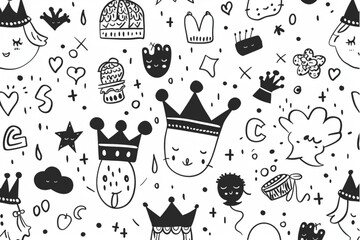 Wall Mural - Set of doodle sketch pattern. Vector background for little prince and princess. Cute girlish and boyish crown hand drawn illustration. Trendy baby fabric, kid wallpaper. set vector icon, white backgro