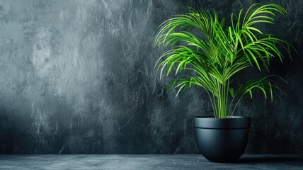 Wall Mural - Potted green plant with long, slender leaves on gray background
