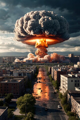 Wall Mural - Nuclear fire mushroom cloud at explosion in town's skyline, an apocalyptic war. Nuclear explosion of atomic bomb in Earth. Global apocalyptic conflict concept. Gen ai illustration. Copy ad text space