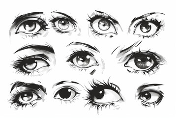 Wall Mural - Set of hand drawn of eye with different emotions. set vector icon, white background, black colour icon