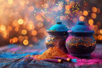 Wall Mural - Three Colorful Holi Pots on Table With Bokeh Background